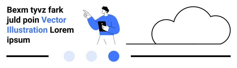 Man holding tablet and gesturing towards cloud, accompanied by abstract lines and dots. Ideal for technology, cloud computing, data storage, business, innovation, creativity, simple landing page