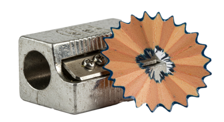 Close up of pencil sharpener with shavings art and craft supplies for school or office stationery use tool on transparent background