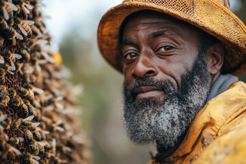 Beekeeper tending to beehives on a bee farm.