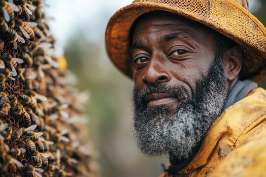 Beekeeper tending to beehives on a bee farm.