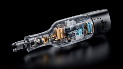 Transparent Electronic Device Showcasing Intricate Internal Components and Modern Engineering Design