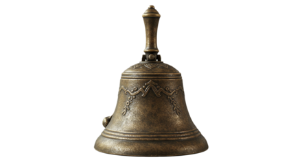 Antique brass hand bell decorative vintage metal school bell collectible ornate design gift idea for collectors on transparent background