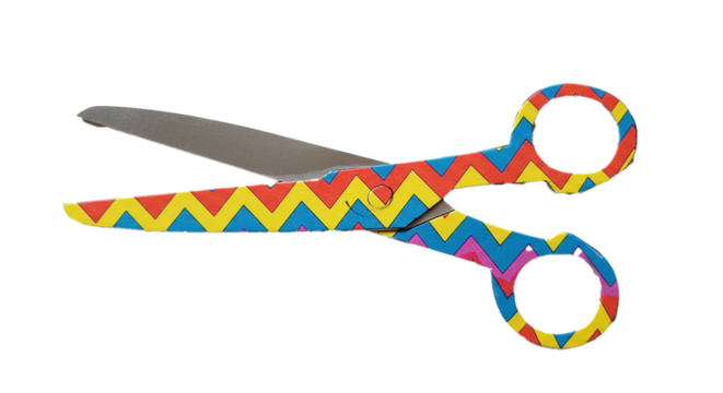Colorful zig zag patterned scissors cutting tool stationery craft supplies for school and office use on transparent background
