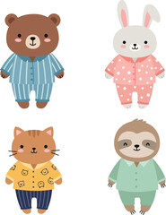 Obraz premium Cute animals in colorful pajamas bear rabbit cat sloth in cartoon style vector illustration