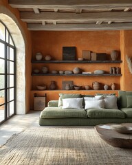 Cozy terracotta living space natural decor high resolution wallpaper