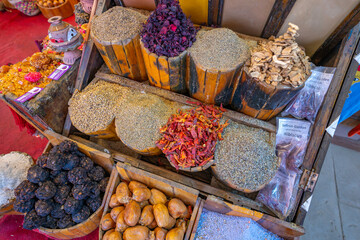 View of spices on display at Aswan quarry, Aswan, Nubia, Egypt, North Africa, Africa