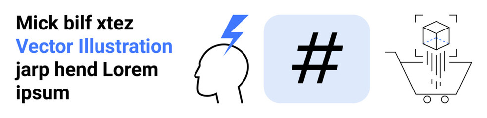 Obraz premium Lightning striking head for ideas, metadata tag for trends or topics, 3D cube in a shopping cart. Ideal for creativity, innovation, trends, e-commerce, marketing strategy, branding simple landing