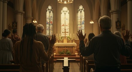 People raising hands in church during worship service
