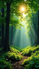 Obraz premium Sun-drenched forest clearing, vibrant green canopy overhead, dappled sunlight on lush undergrowth, peaceful and serene natural beauty , moss, sunbeams