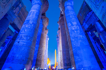 View of Karnak Temple sound and light show at dusk, Luxor, Egypt, Africa