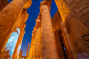 View of Karnak Temple sound and light show at dusk, Luxor, Egypt, Africa