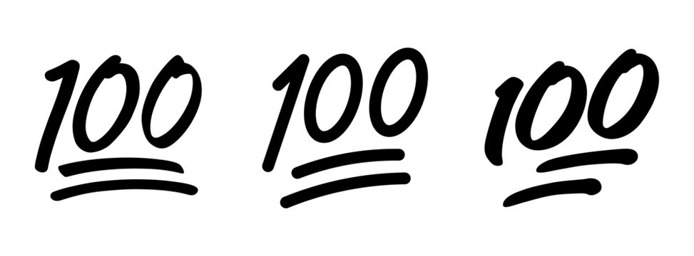100 points emoji set vector collection in black color. 100 percent emoji. Hundred sticker isolated on white background.