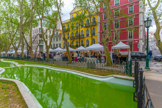 View of market stalls and colourful architecture on Avenue da Liberdade, Lisbon, Portugal, Europe