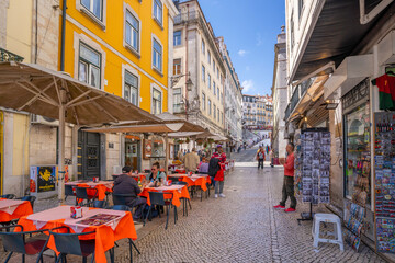 View of shops and cafes in Lisbon city centre, Lisbon, Portugal, Europe