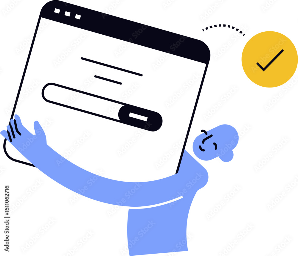 Poster illustration of man holding webpage with loading bar and checkmark for website development vector ar