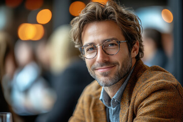 Obraz premium Man with glasses sitting at a table.