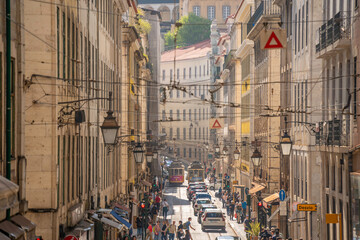 View of vintage trams in Alfama, Alfama District, Lisbon, Portugal, Europe
