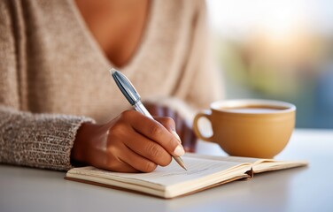 Morning self-care ritual with journaling and coffee in a cozy setting