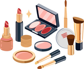 A comprehensive beauty set featuring vibrant lipsticks, soft brushes, and compact powder for a flawless face