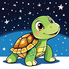 Cartoon Turtle Illustration Under Starry Night Sky Cheerful Character Design For Childrens Books Educational Materials And Nature Themed Graphics With Bright Colors And Bold Outlines