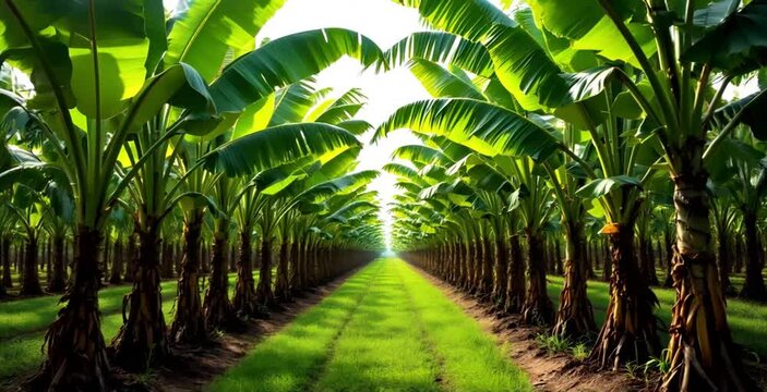 Vast banana plantation with rows stretching to horizon. Sunlight filters through dense green canopy. Concept: Fruit exporters, Fair trade organizations, Agricultural suppliers.