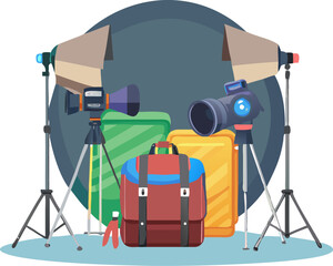 Professional woman photographer with camera and tripod in action in a digital studio