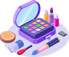 Fashionable cosmetic beauty set with makeup brushes, powder, and pink lipstick