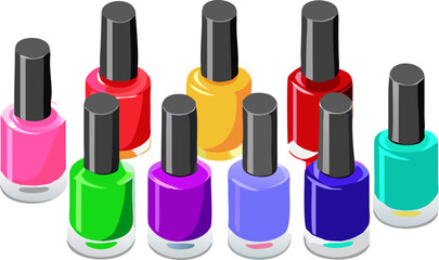 Isolated beauty objects like colorful nail polish bottles and marker pens on a white background