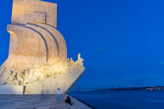 View of Monument to the Discoveries (Padrao dos Descobrimentos) at dusk, Lisbon, Portugal, Europe