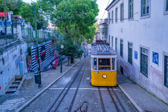 View of vintage GlAlria Funicular, hilltop tram ride, Lisbon, Portugal, Europe