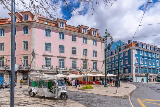 View of colourful architecture and cafes in PC Duque da Terceira on a sunny day, Lisbon, Portugal, Europe
