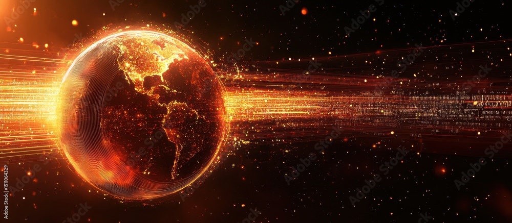 Poster abstract digital technology background with a glowing globe and data connections, symbolizing the gl