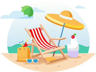 Tropical summer beach vacation with a relaxing chair and umbrella by the ocean