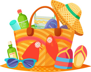 Colorful vector illustrations of summer beach accessories, including a stylish beach bag, sunglasses, and a fun umbrella, perfect for a tropical vacation