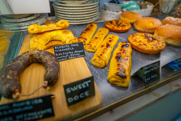 View of cakes in cafe in the Alfama District, Lisbon, Portugal, Europe