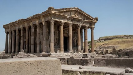 Ancient Greco Roman style temple with fluted columns and carvings on a sunny day in an arid landscape, showcasing classical architecture. - Powered by Adobe
