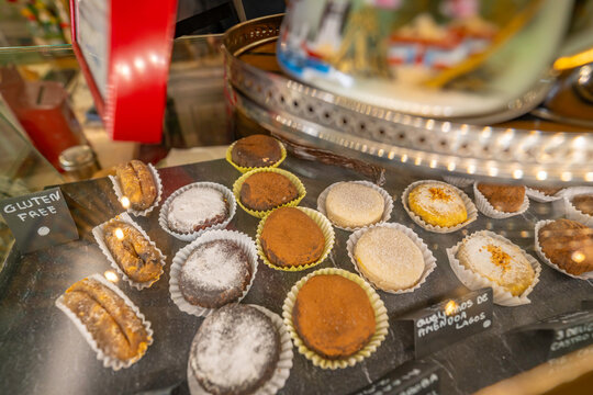 View of cakes in cafe in the Alfama District, Lisbon, Portugal, Europe
