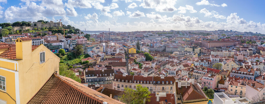 Panoramic view of Lisbon from Miradouro da Graca scenic point on a sunny day in the Alfama District, Lisbon, Portugal, Europe