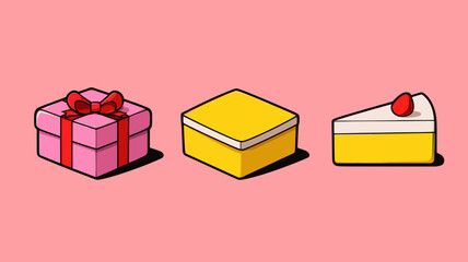 Colorful cartoon gifts and dessert on pink background with eye-catching design celebrating a joyful occasion in a playful style