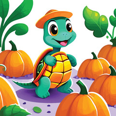 Cartoon Turtle In Pumpkin Patch Cheerful Vector Illustration For Childrens Books Educational Resources And Fall Themed Designs Cute Whimsical And Colorful Autumn Harvest Scene