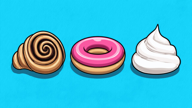 Sweet temptations in vibrant colors featuring pastry, donut, and whipped cream on a bright blue background