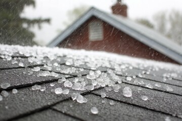 Hailstorm with ice pellets striking roof shingles during severe weather event