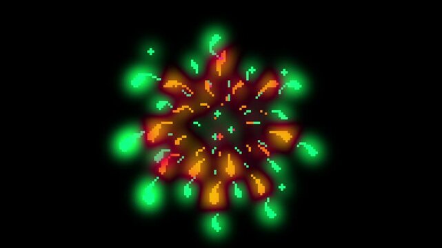 Abstract Shining Pixelated Dots Fireworks Exploding on Black Screen. New Year, Holiday Fireworks in Pixel Art Video Glow Retro Style. For all fans of pixel art and retro video games	
