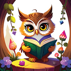 Obraz premium Cartoon Owl Reading Book Whimsical Vector Illustration For Childrens Education Storytelling And Fantasy Art Projects