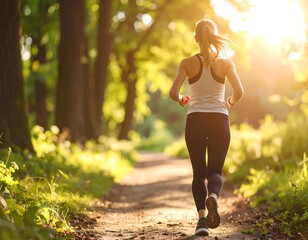 Woman jogging in a sunlit forest path