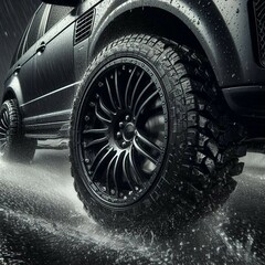 Car on wet road. Tires in rain. Off-road tire in action.