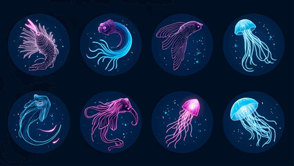 Enchanted Ocean A Collection of Luminescent Jellyfish and Fish