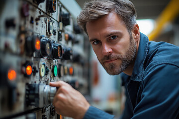 Man looking at a switch panel.