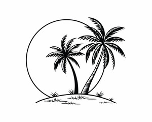 Two Palm Trees on Island Silhouette with Sun