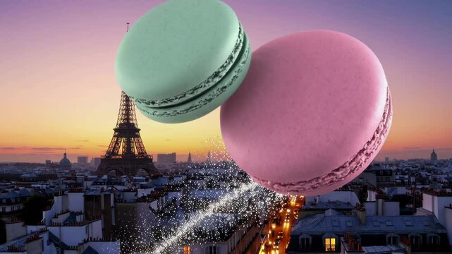 Whimsical Macarons Drifting Above Eiffel Tower